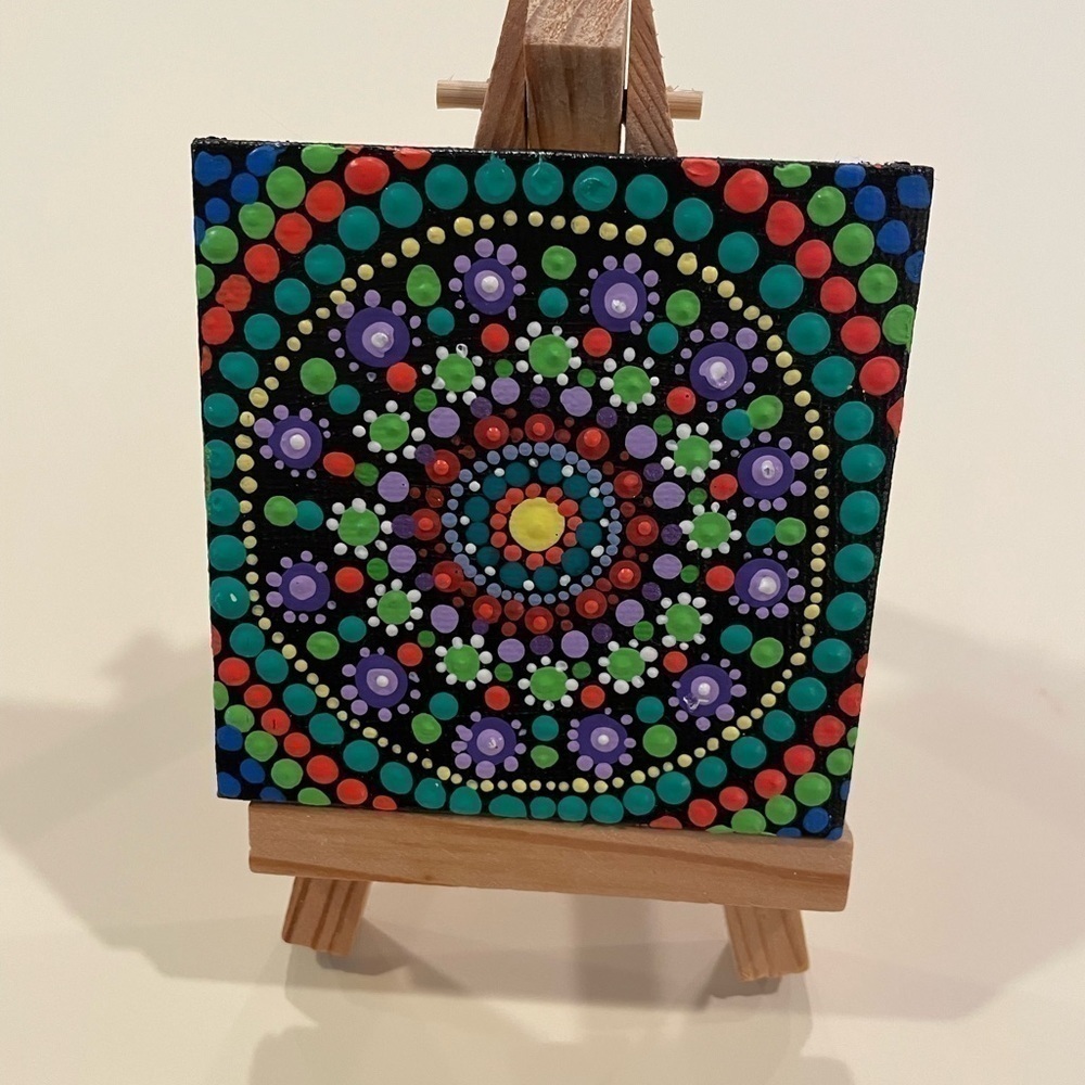 Cute little dot mandala canvas w/stand.  3”X3” hand painted